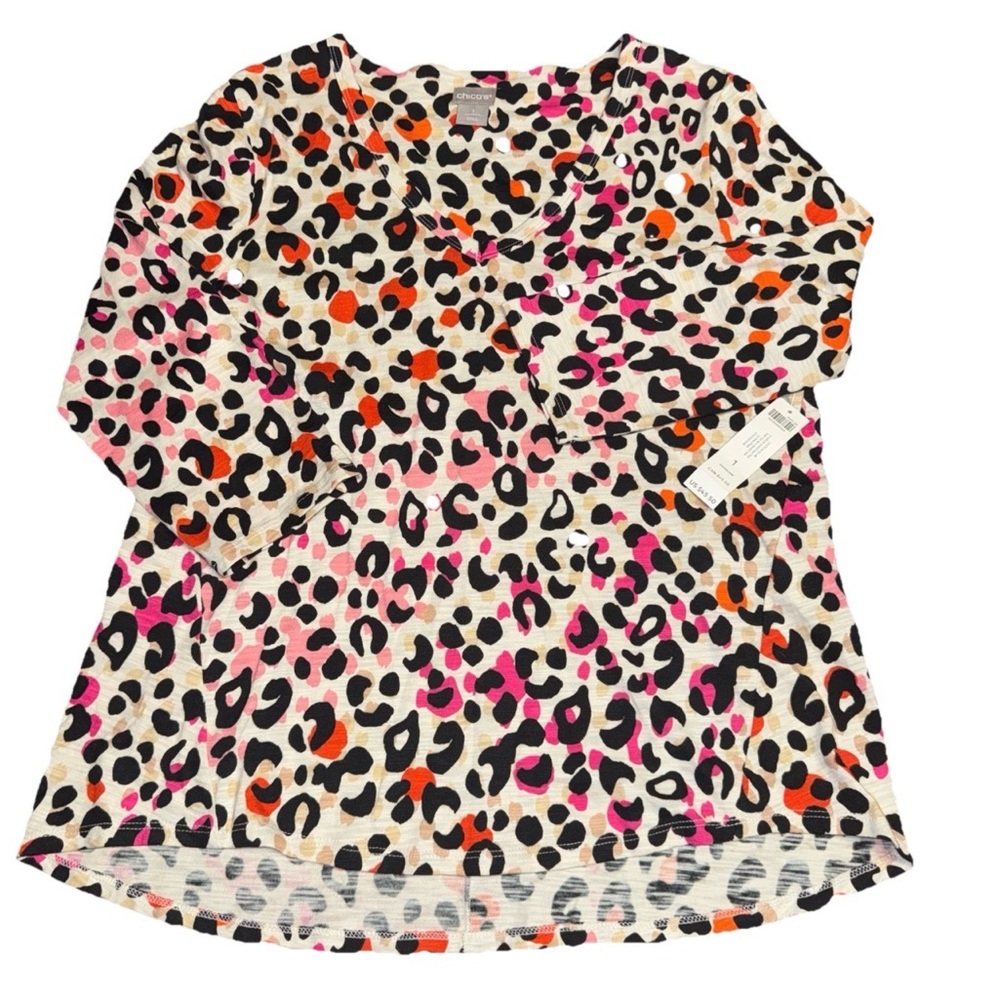 Chicos 3/4 Sleeve Leopard Print Pink Orange Cream Blouse Size 1 / Medium Preppy